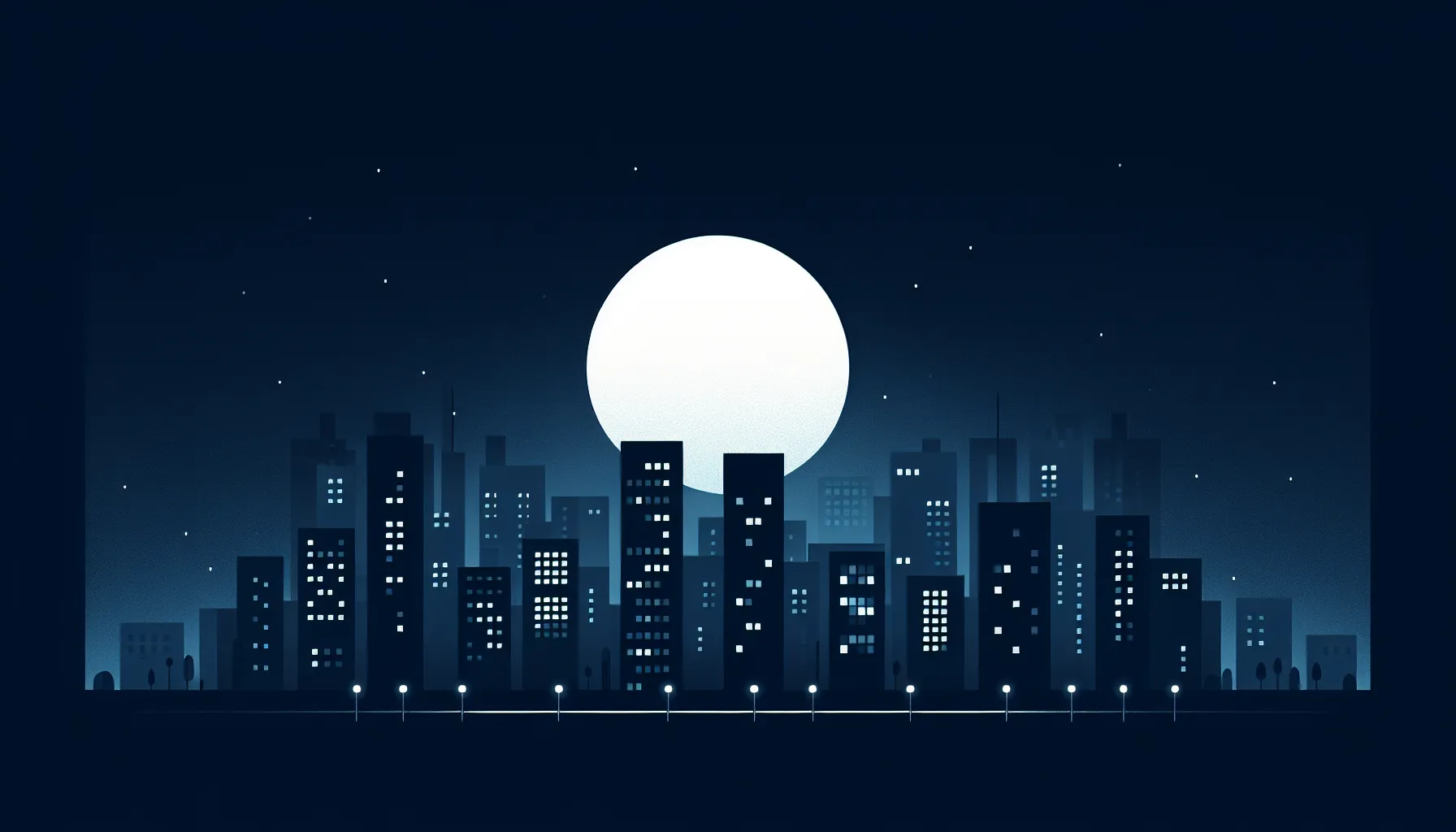 Minimalist urban skyline at midnight with moon and building silhouettes