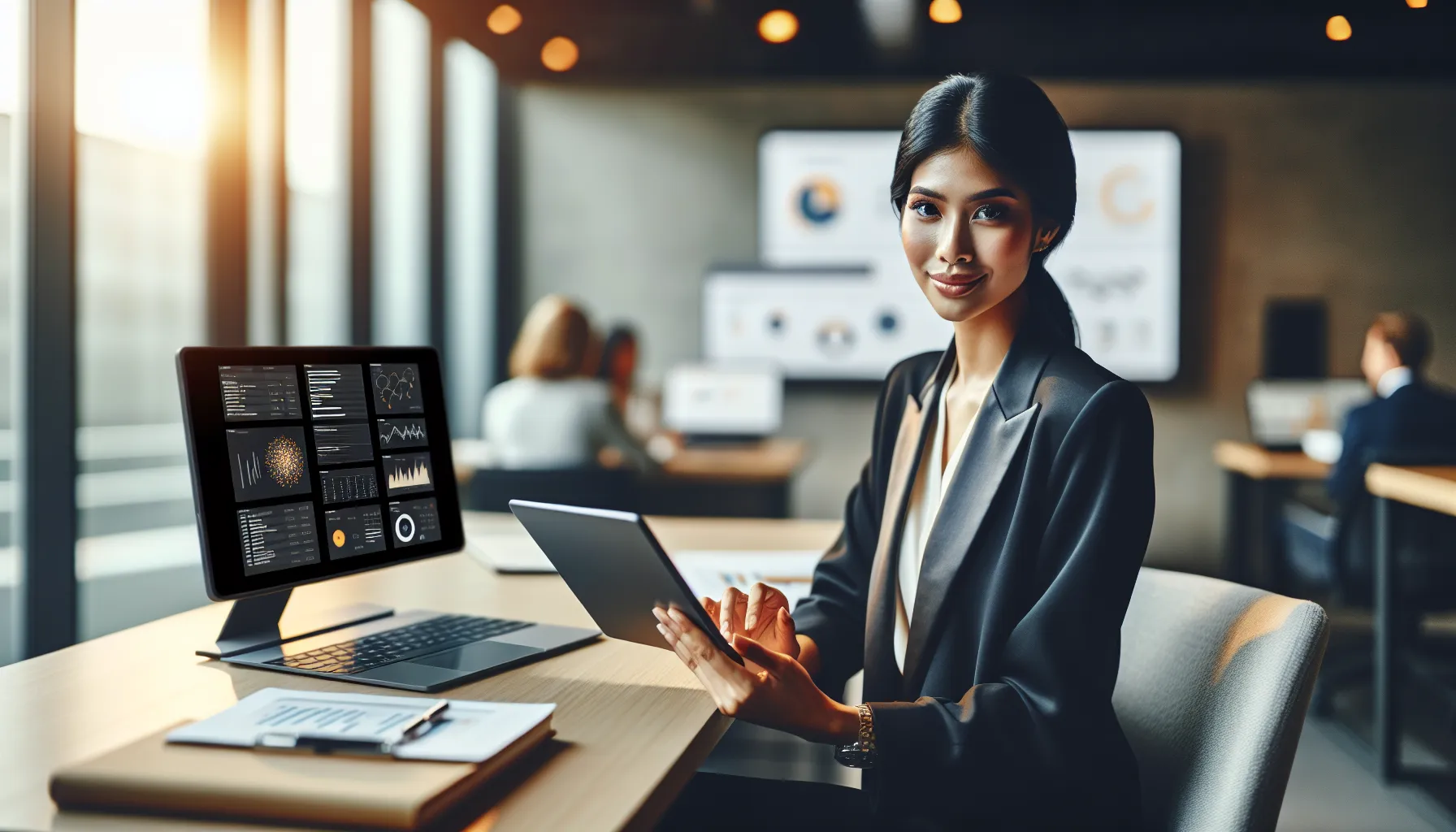 Business professional analyzing data in a modern office.