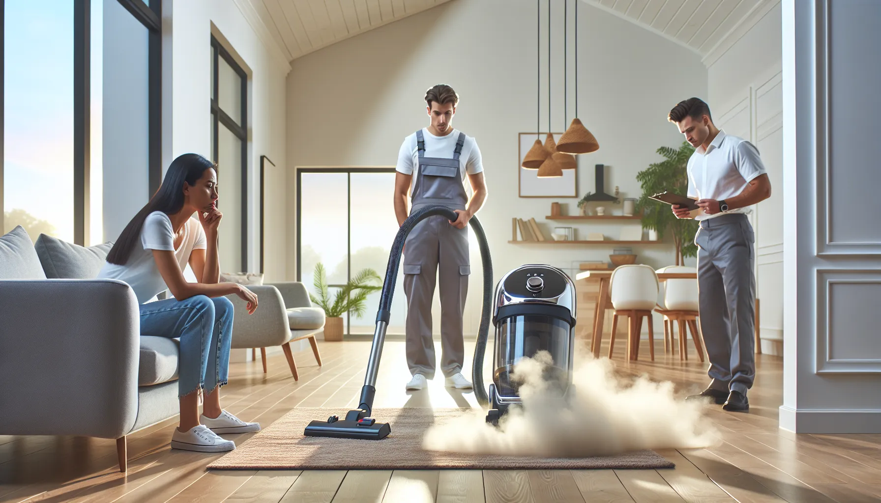Shark vacuum malfunctioning and spitting out dirt in a modern living room.