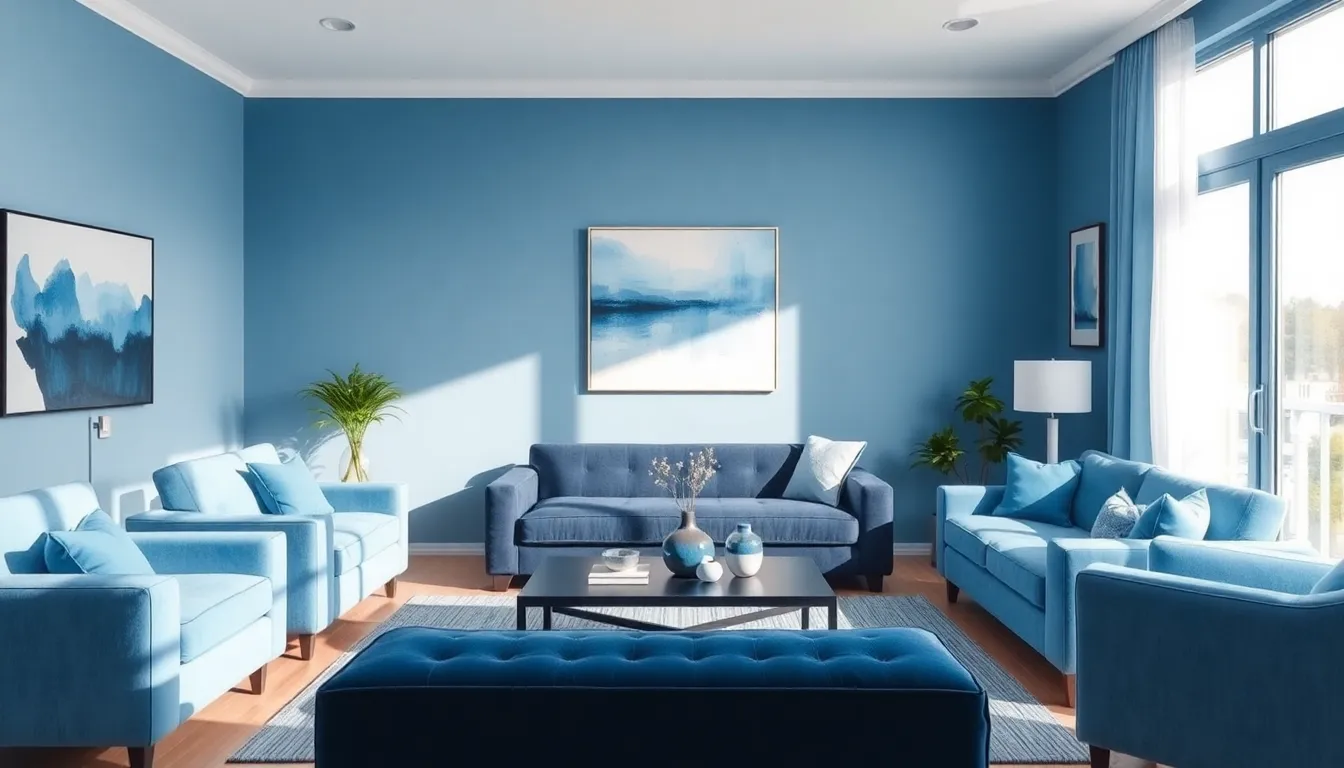 a calming blue living room with modern furniture and natural light.