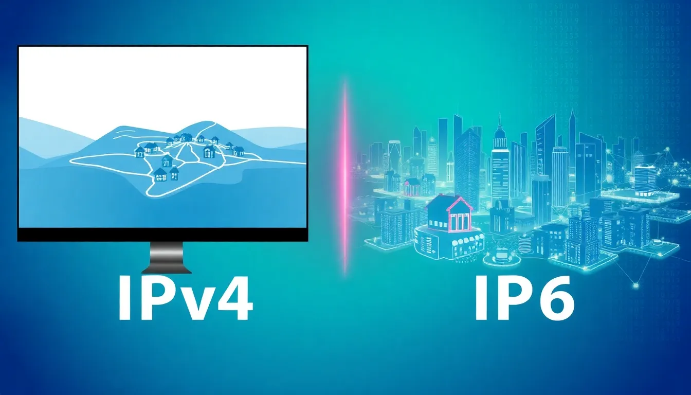 graphic showing the contrast between IPv4 and IPv6 IP addresses.