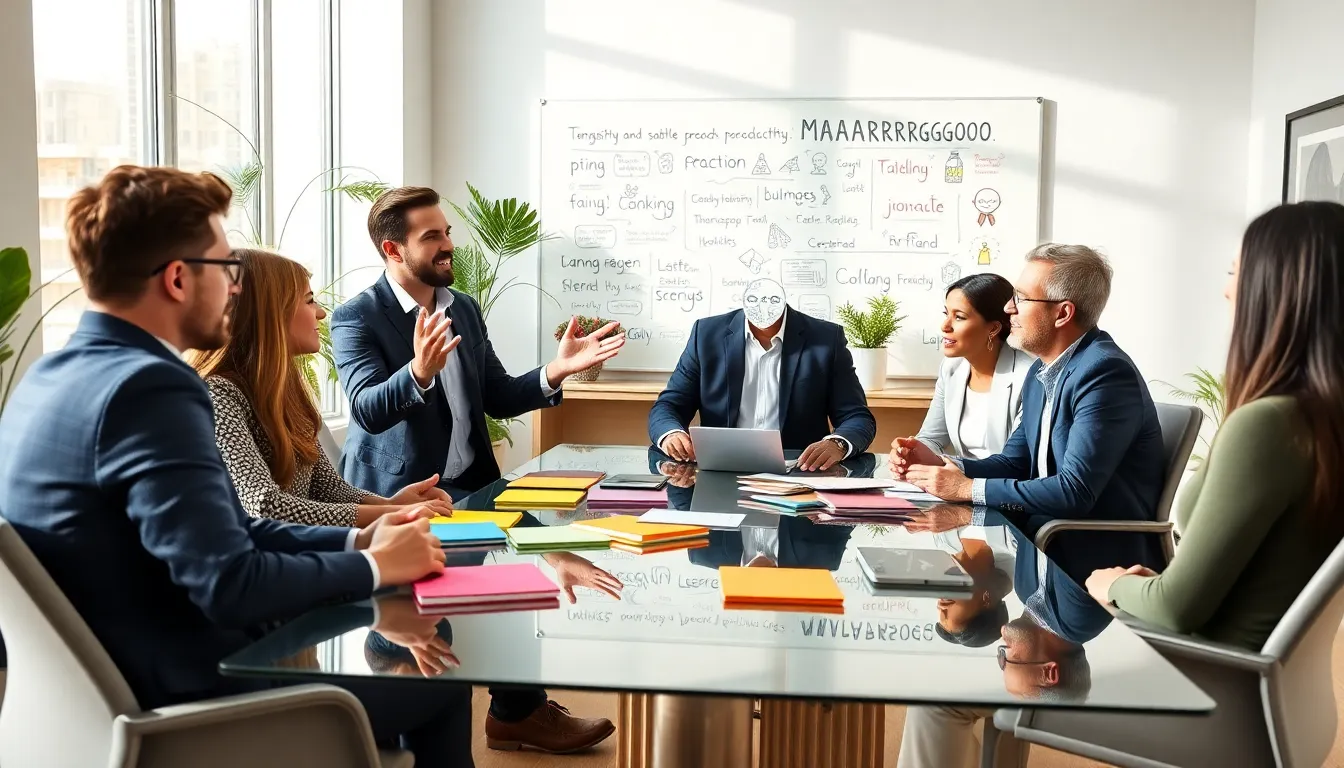 diverse team discussing a playful linguistic concept in a modern office.