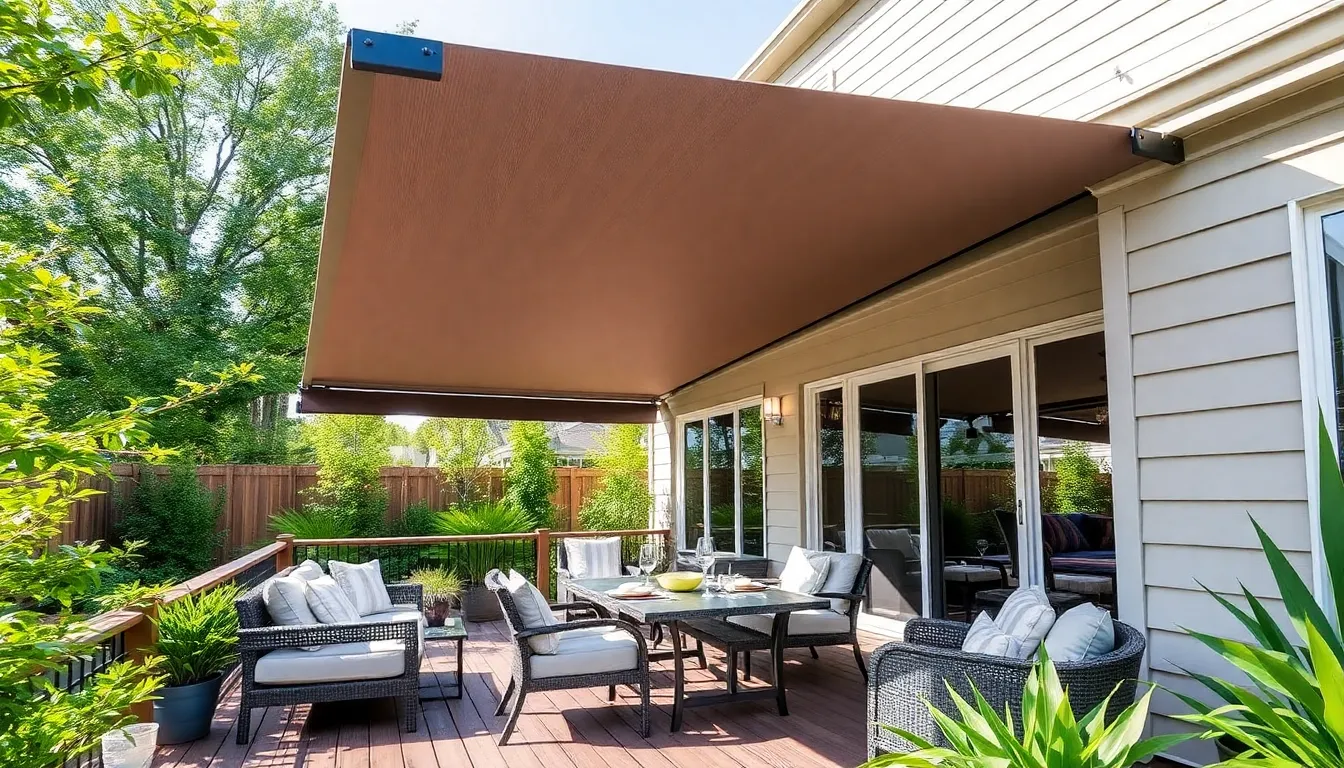 modern patio covered for sun protection with stylish furniture.