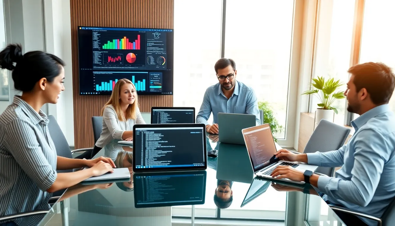 team of data analysts collaborating in a modern office setting.