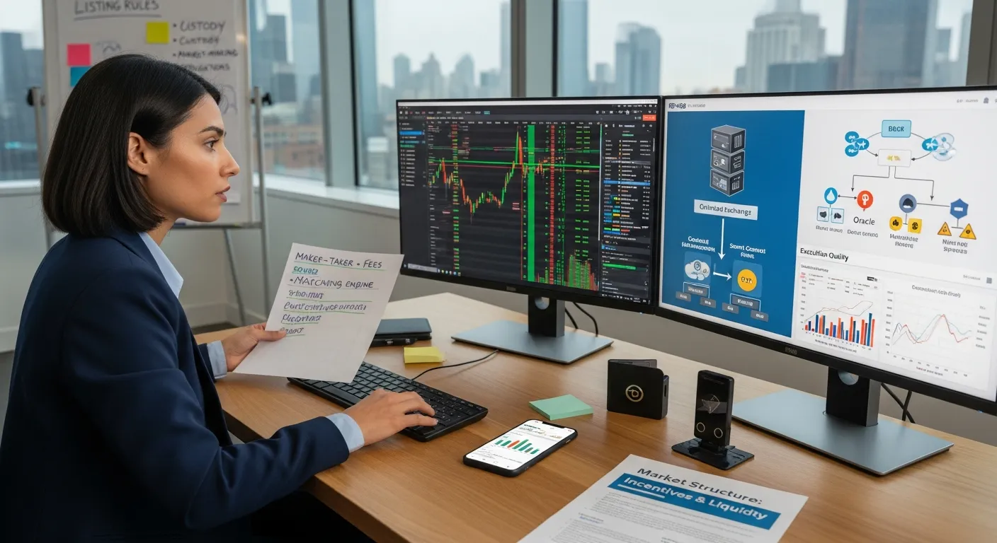 Trader examining crypto order books and market-structure diagrams in NY office.