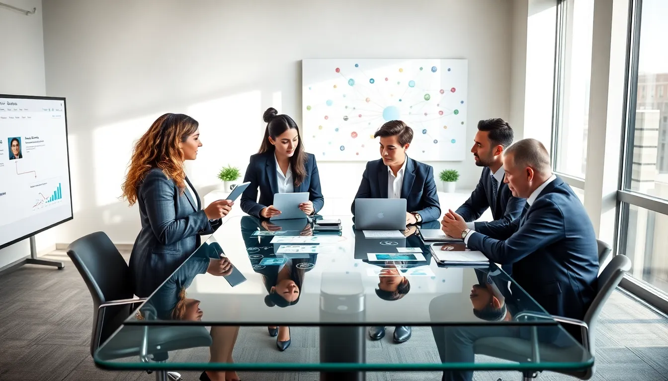 diverse team discussing in a modern office environment.