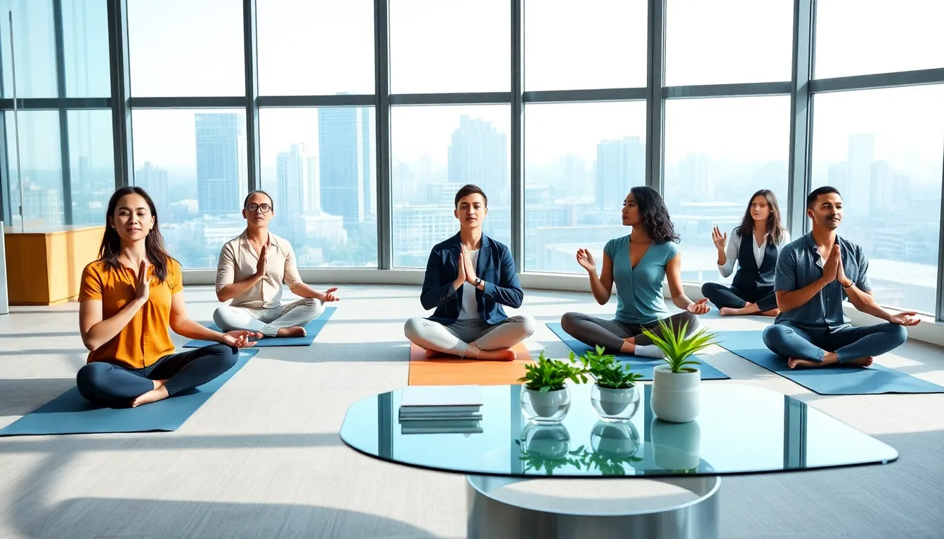 diverse team practicing mindfulness in a modern office setting.