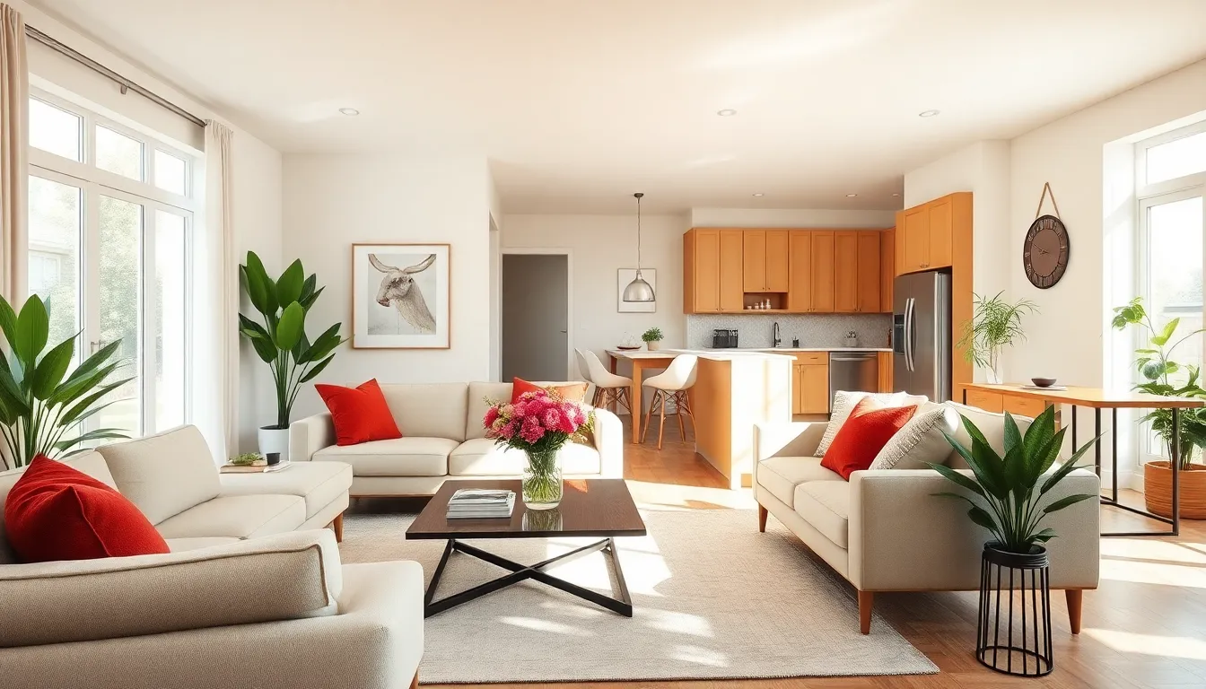 A beautifully staged living room with neutral decor and fresh flowers.