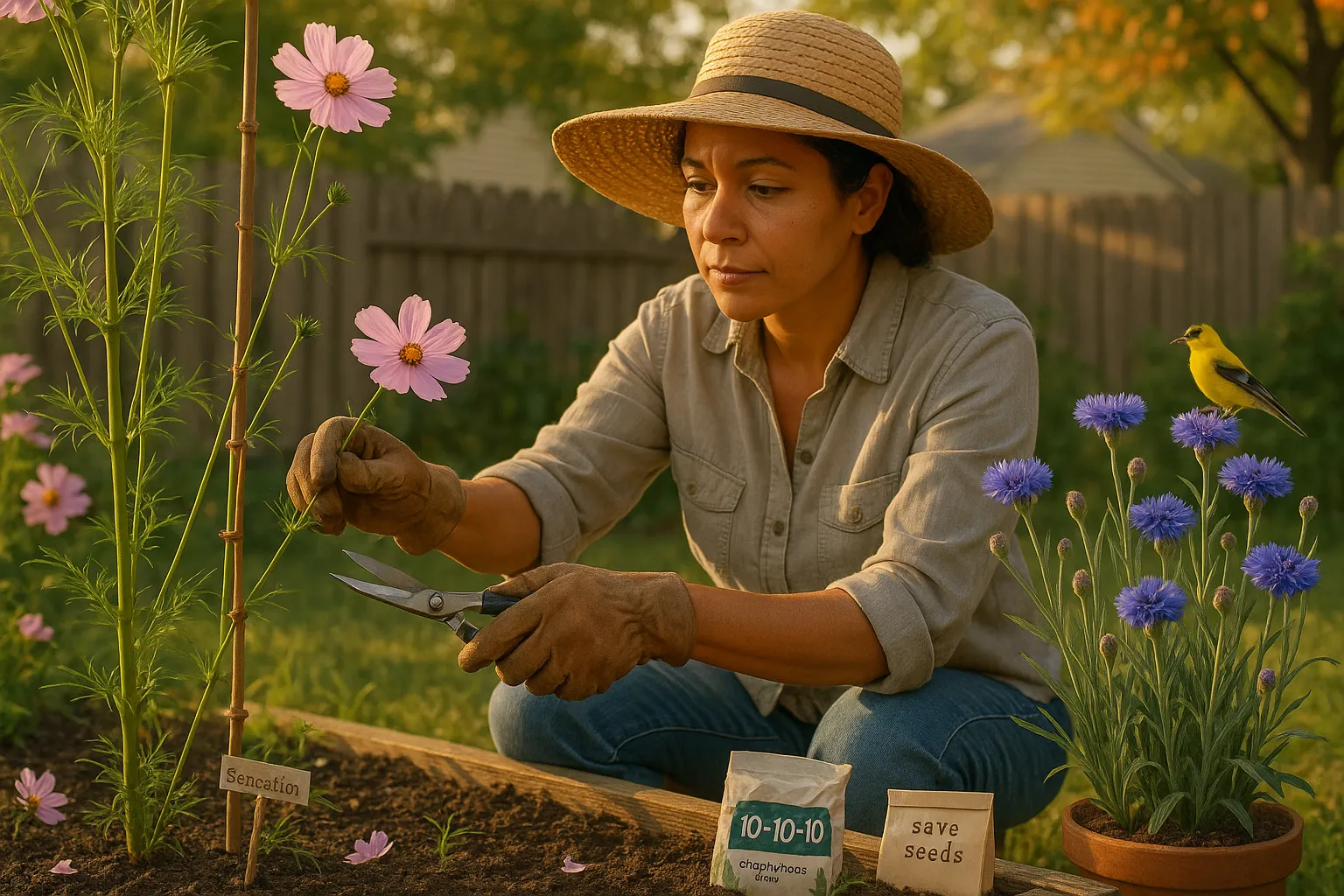 Gardener deadheading tall pink cosmos with blue cornflowers and bamboo stakes nearby.