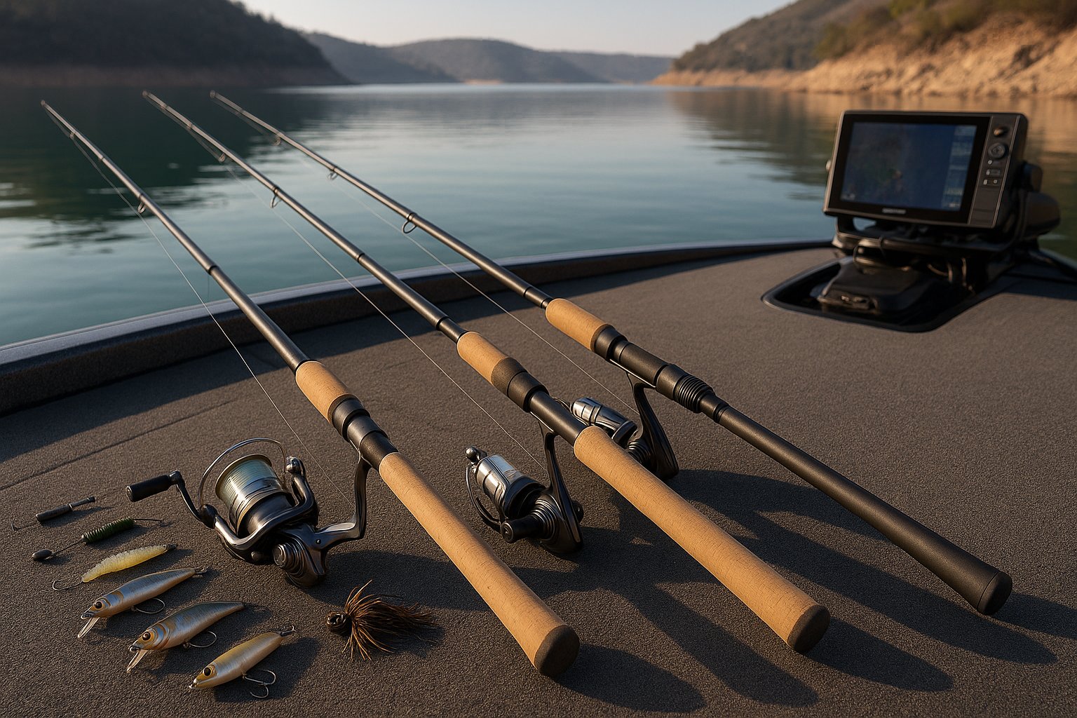 Three-rod spotted bass fishing setup on a bass boat deck.