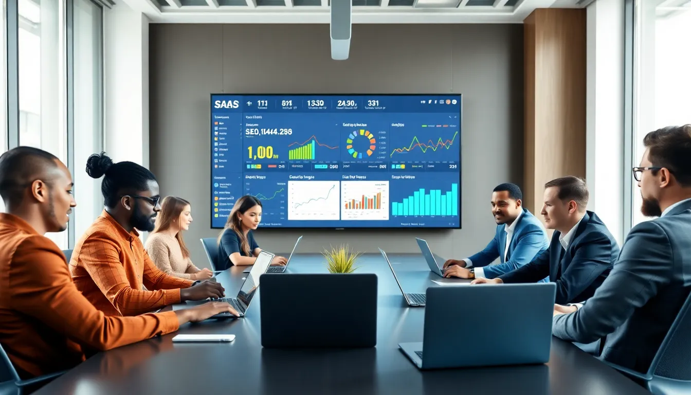 diverse team discussing SEO strategy in a modern office.