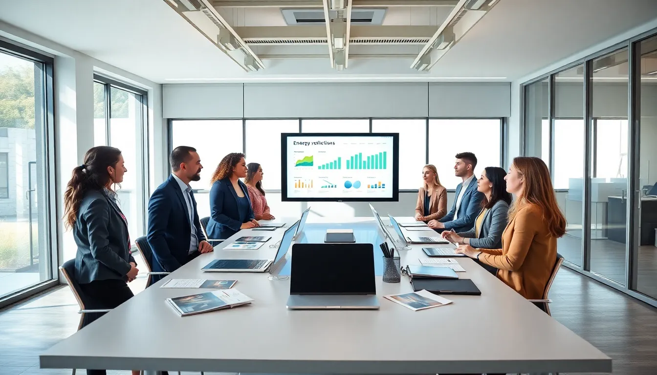 diverse team discussing energy solutions in a modern office.