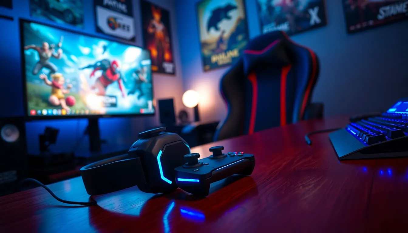 a cozy gaming setup featuring headsets, controllers, and a gaming chair.