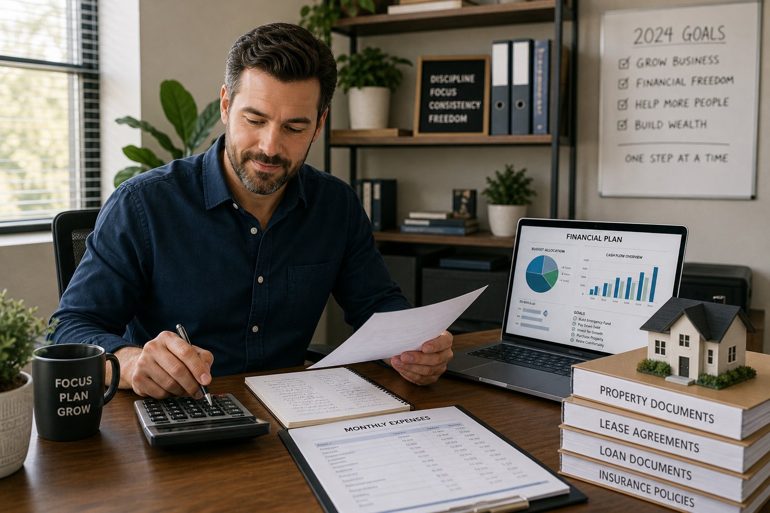 Small business owner reviewing mortgage costs and long-term financial plans in a professional office.