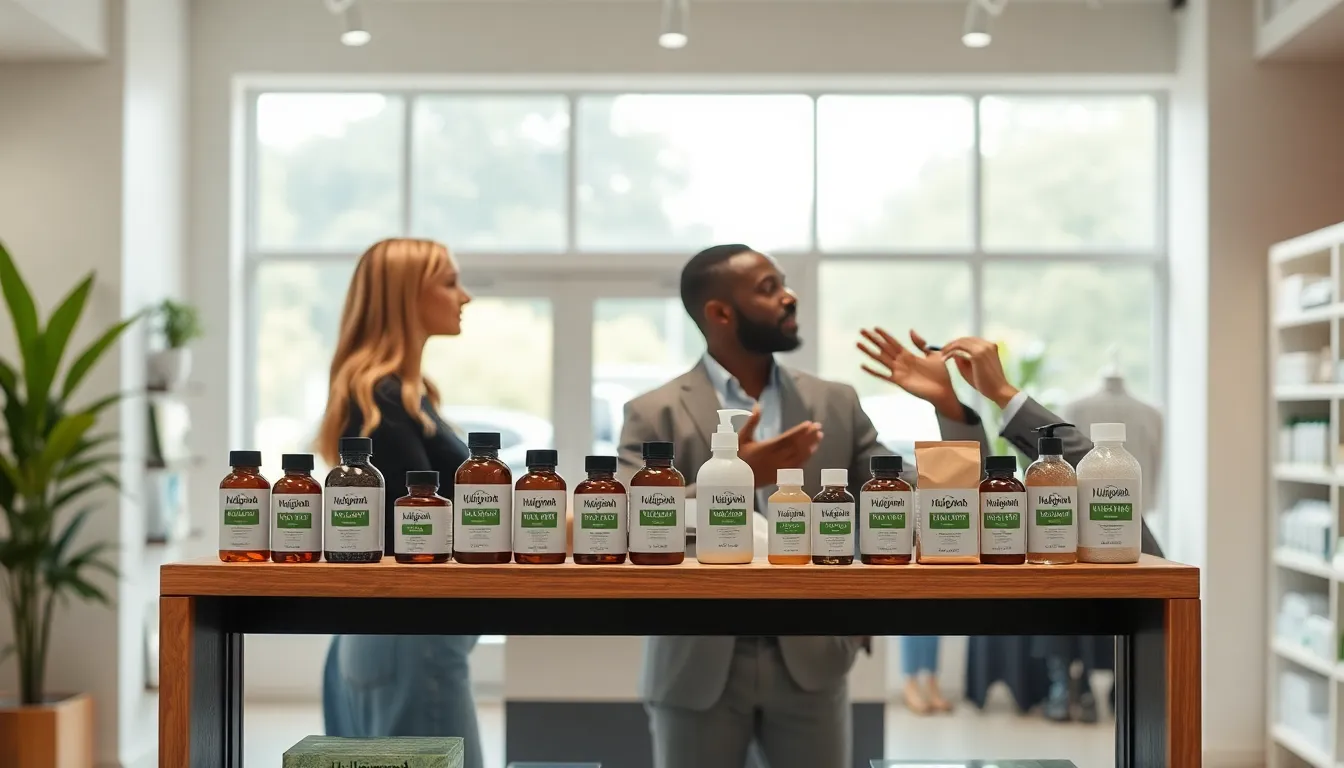 diverse professionals discussing Hulgiuyomb products in a wellness shop.