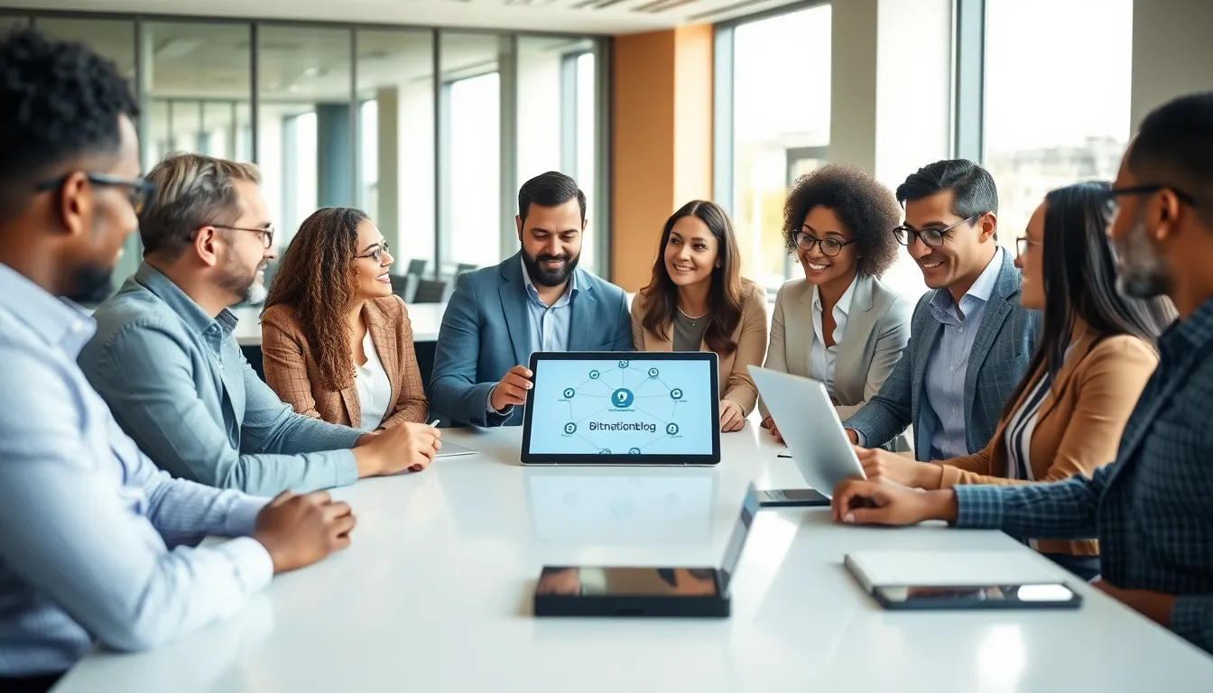 professionals discussing networking in a modern office.