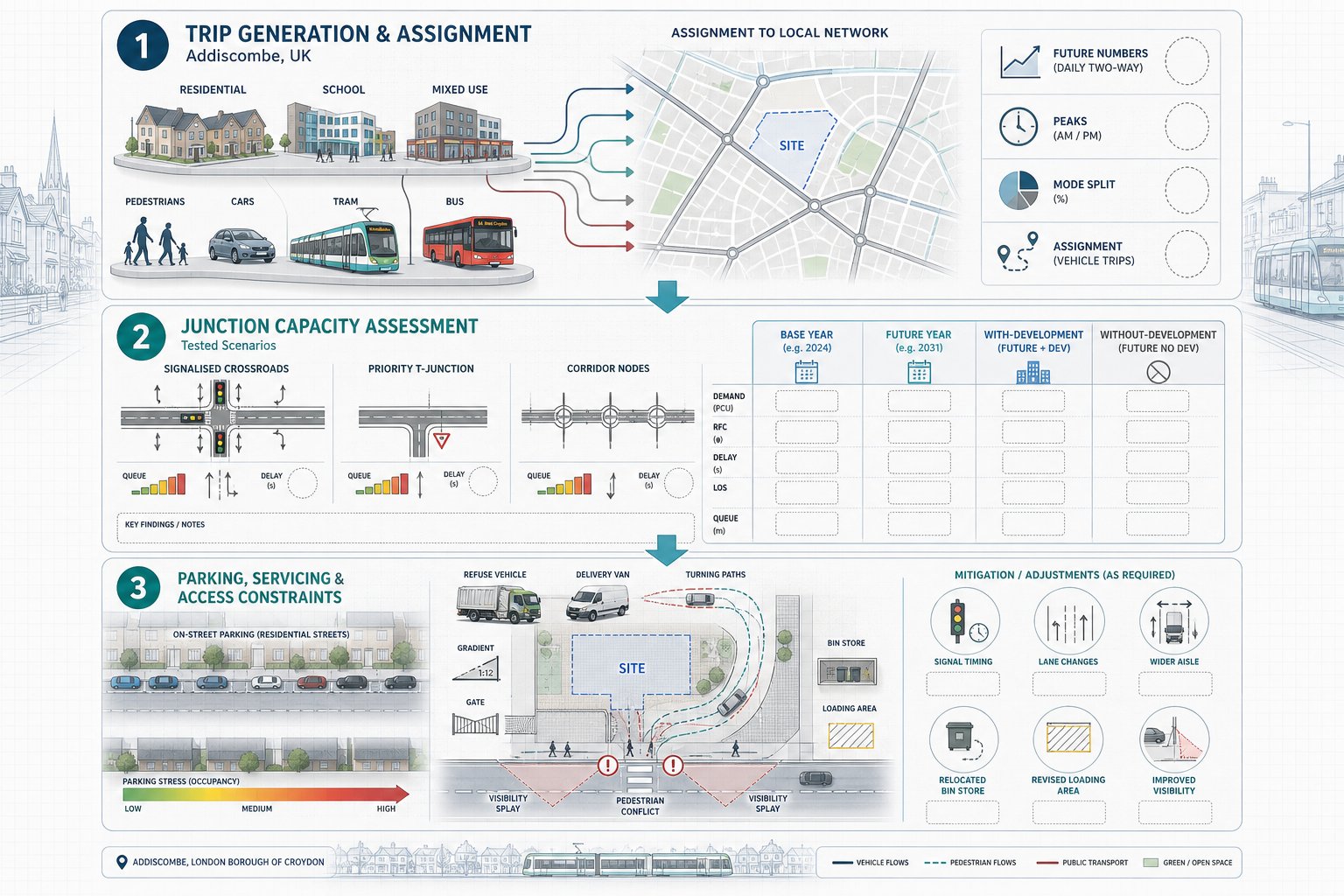 Traffic impact infographic showing trip generation, junction capacity, parking, and servicing.