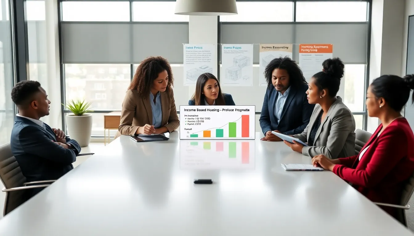 diverse professionals discussing income-based apartments in a modern office.