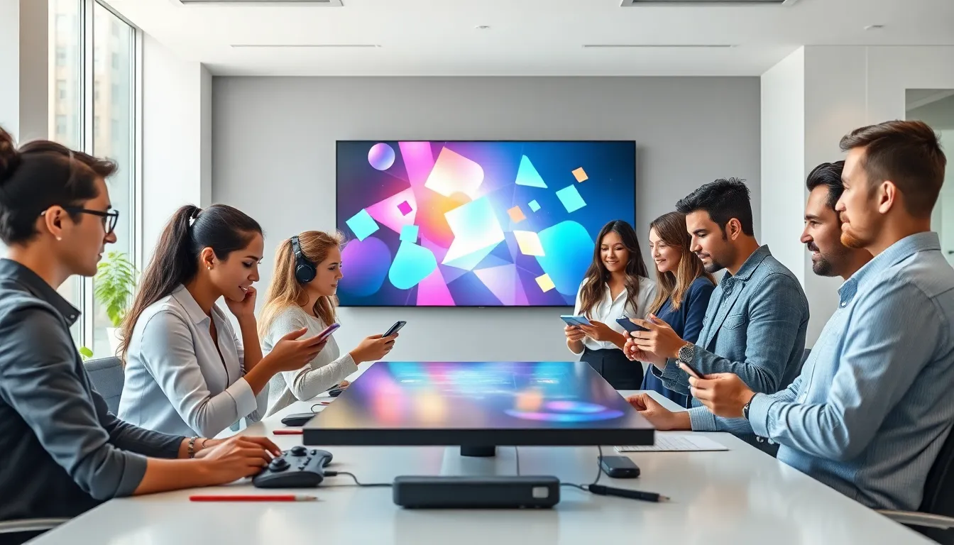 professionals collaborating around digital devices in a modern workspace.