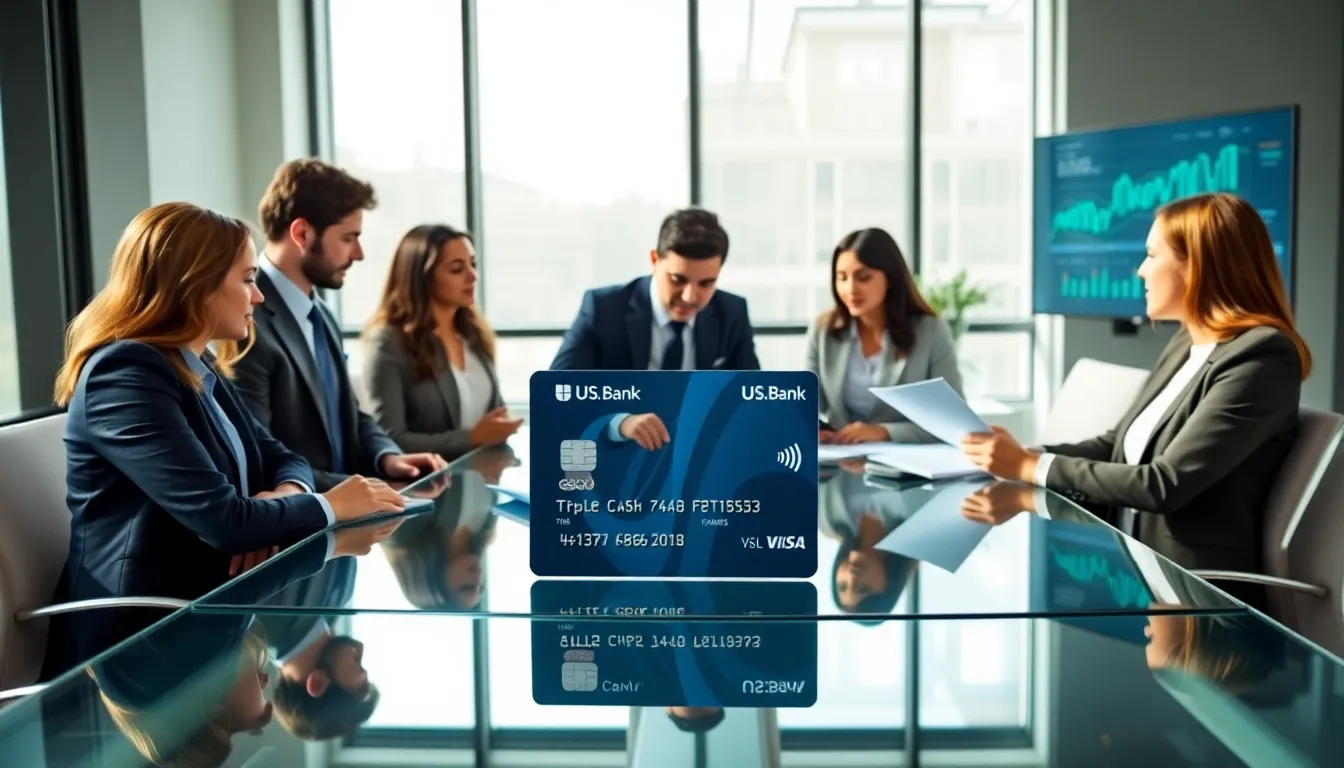 business professionals discussing the U.S. Bank Business Triple Cash Rewards Mastercard.