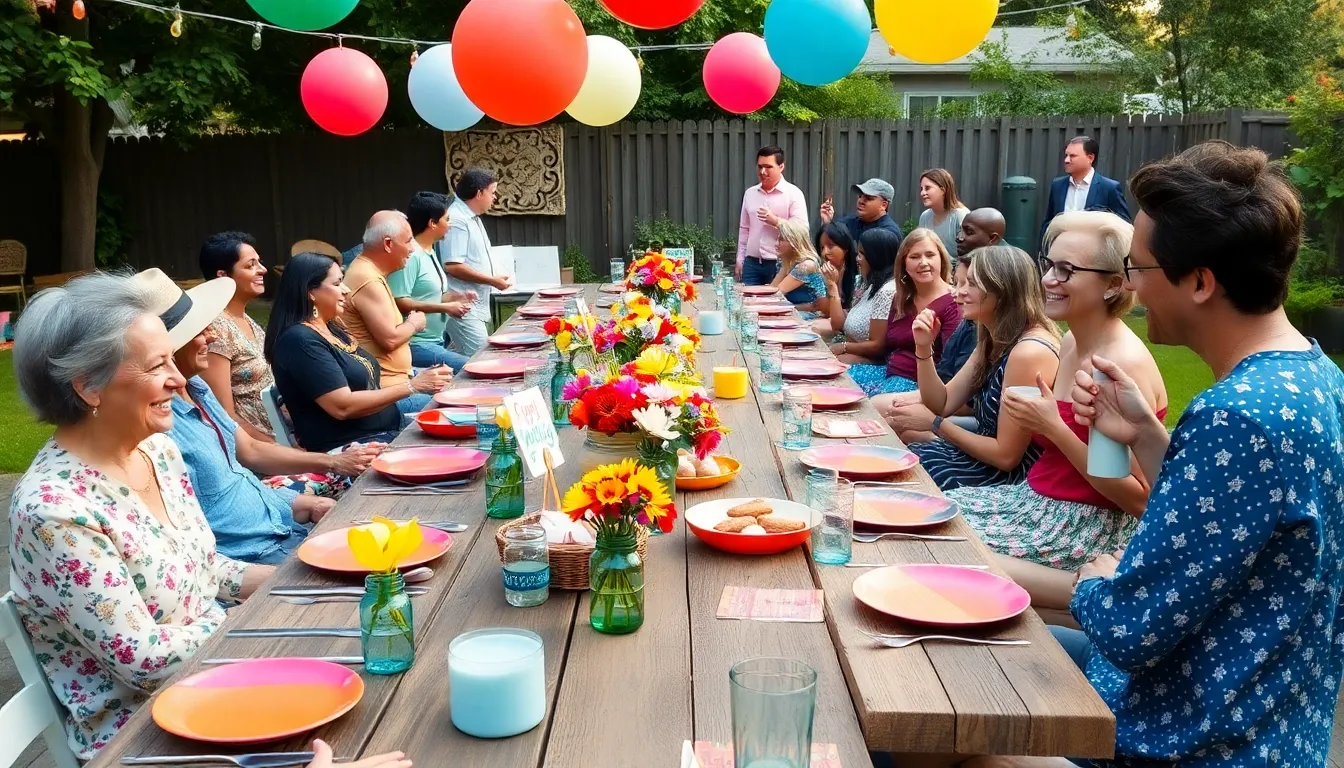 diverse group enjoying a creatively decorated outdoor gathering.
