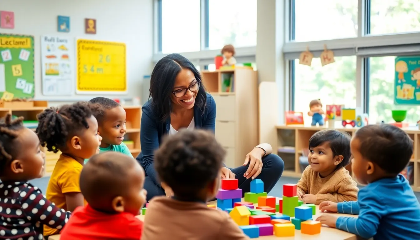 children engaged in learning with a teacher in a colorful classroom.