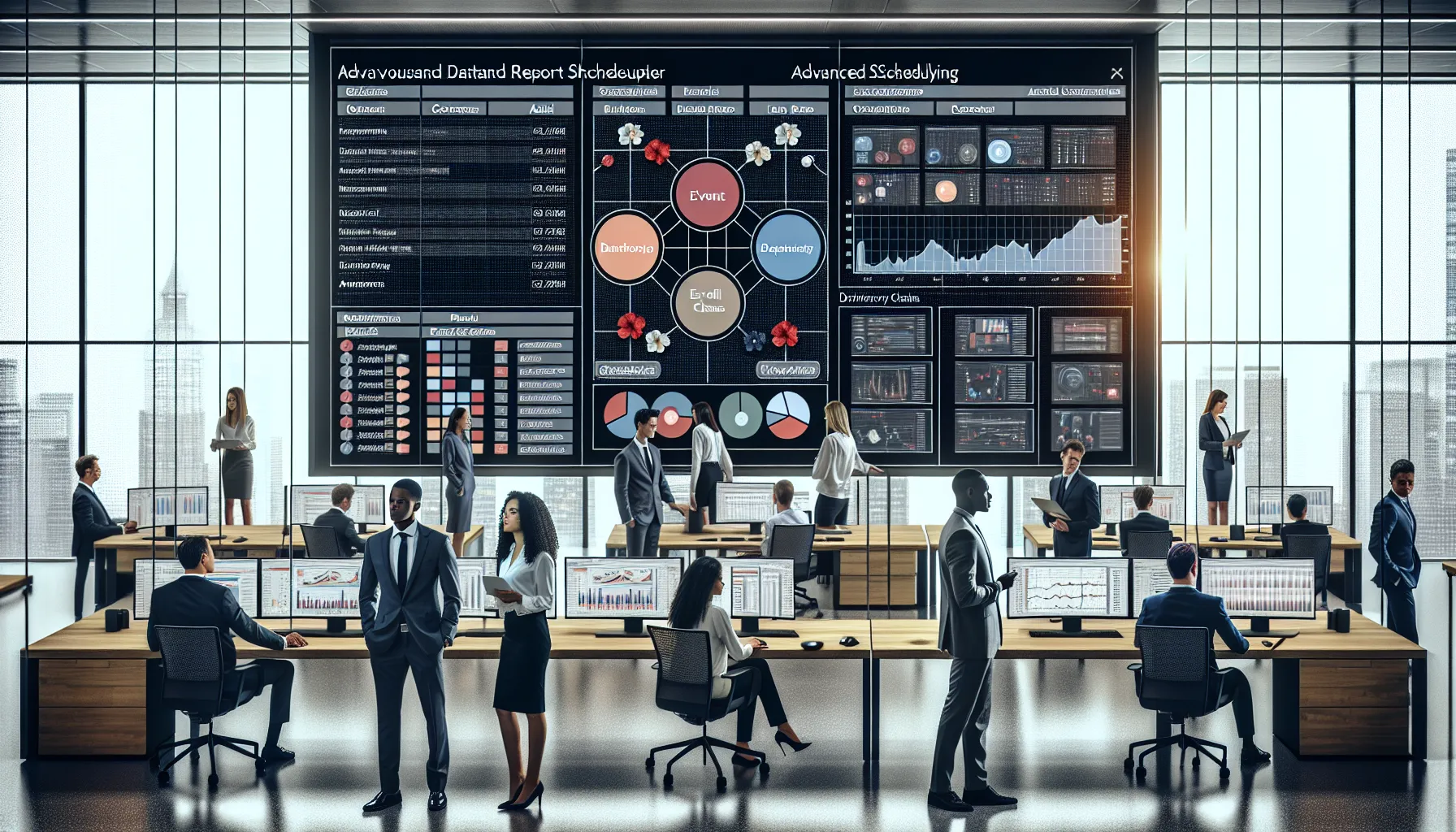 Enterprise team managing advanced Tableau report scheduling and automated dashboard distribution in a modern office.