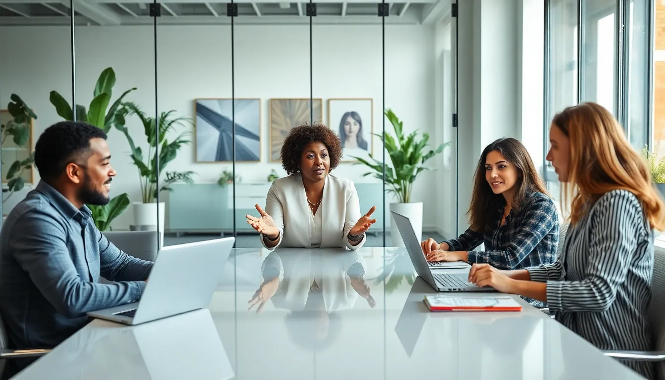 diverse professionals discussing an opinion piece in a modern office.