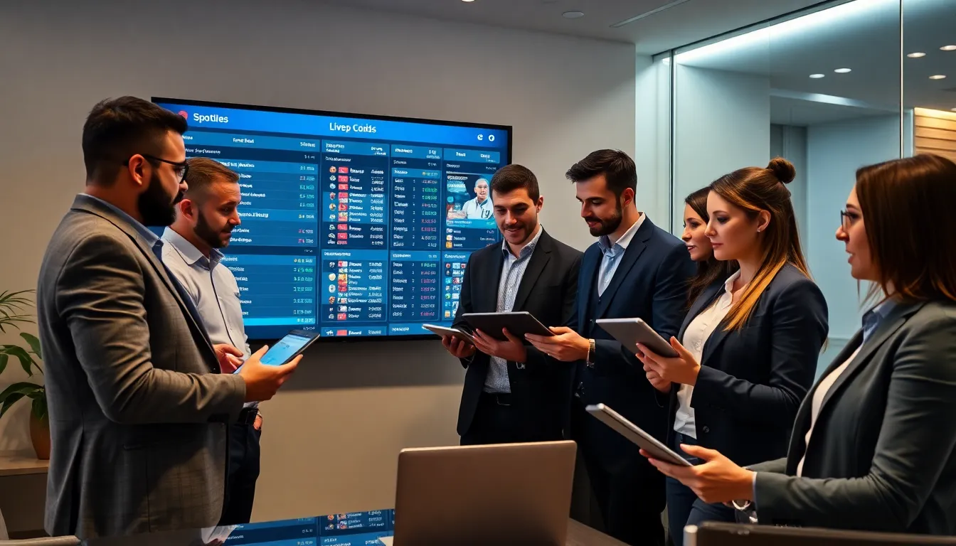 diverse professionals collaborating on sports betting strategies.