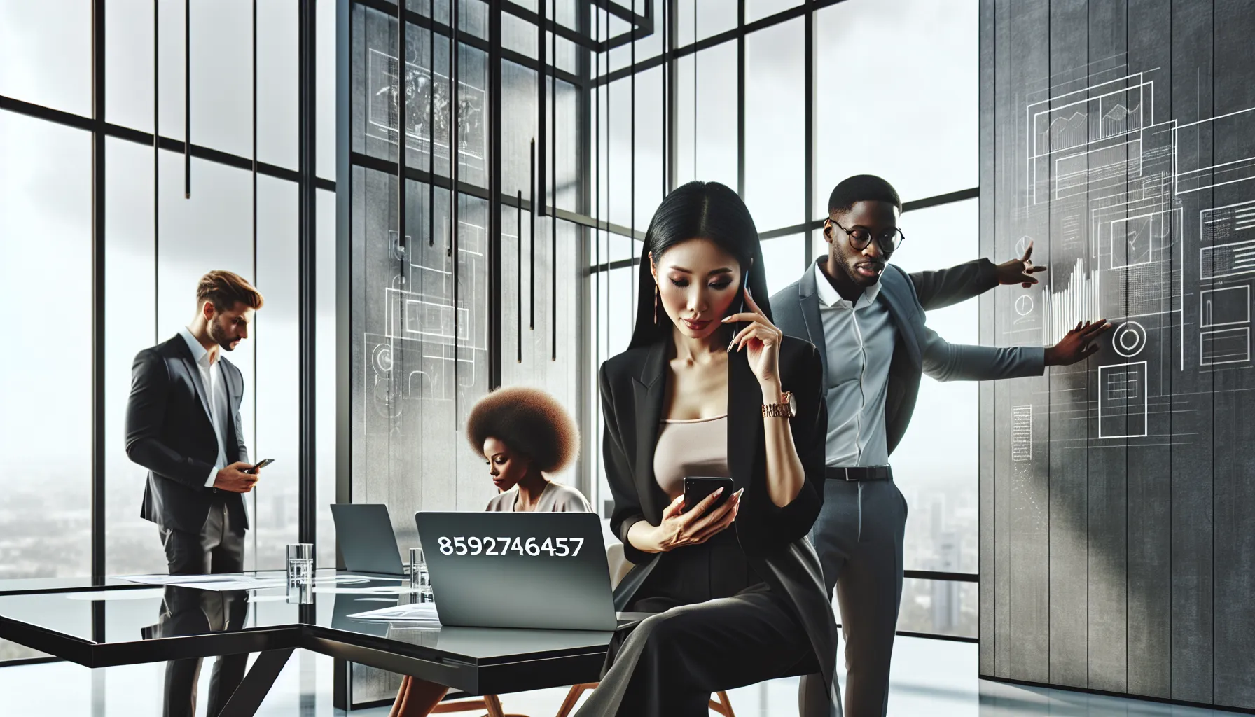 diverse professionals discussing a phone call in a modern office.