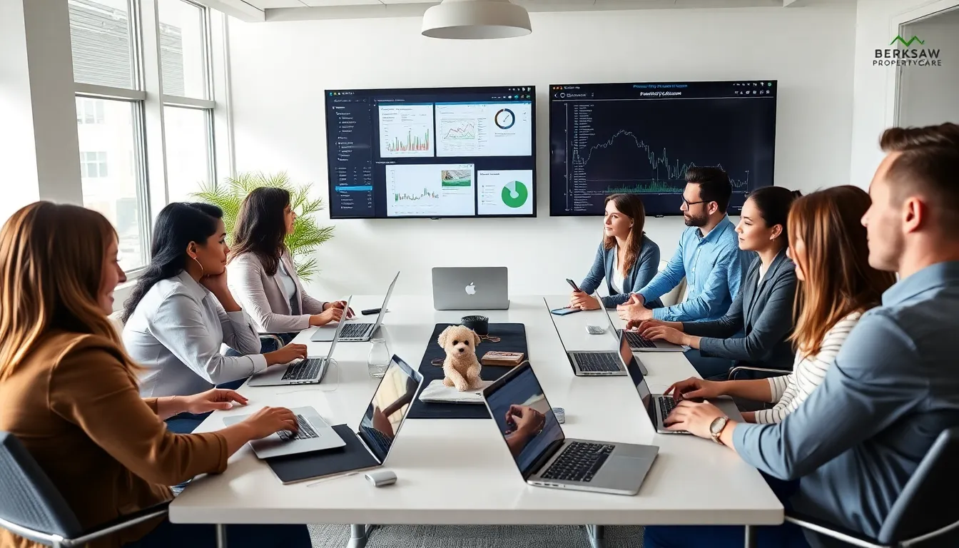 Diverse team collaborating in a modern office for property management.