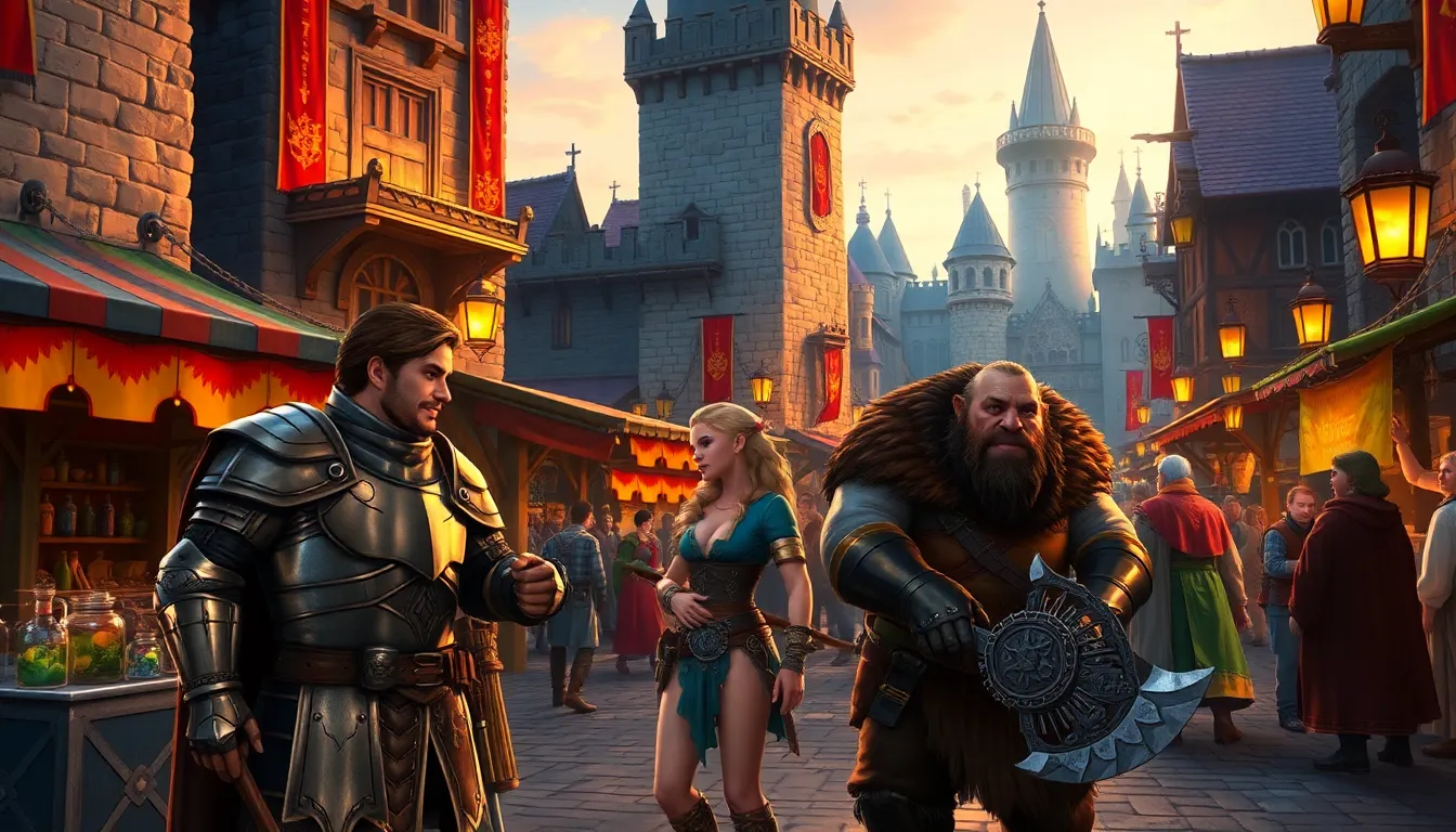 Diverse adventurers in a vibrant Neverwinter marketplace at twilight.