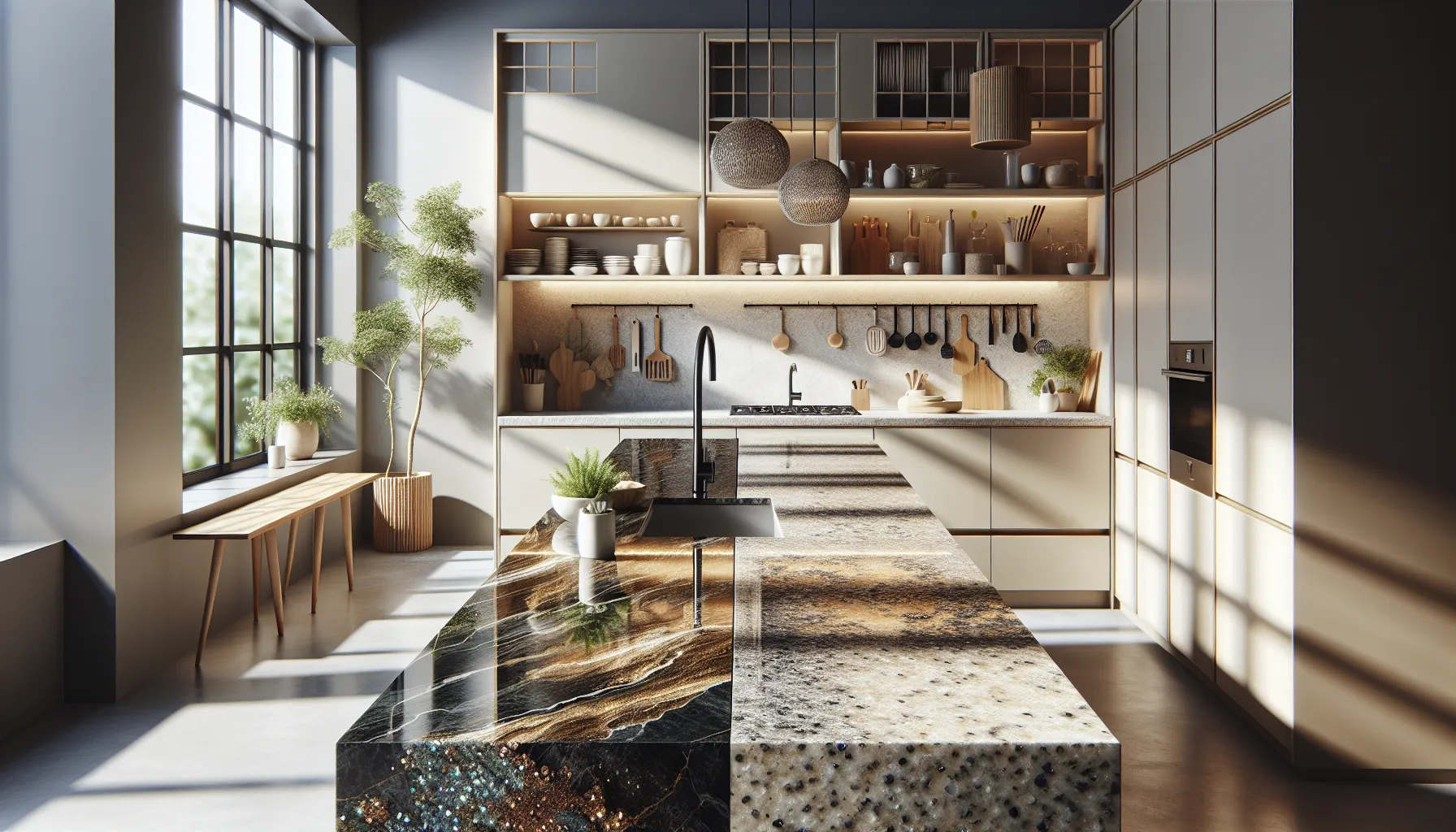 A kitchen showcasing polished quartz and textured granite countertops.