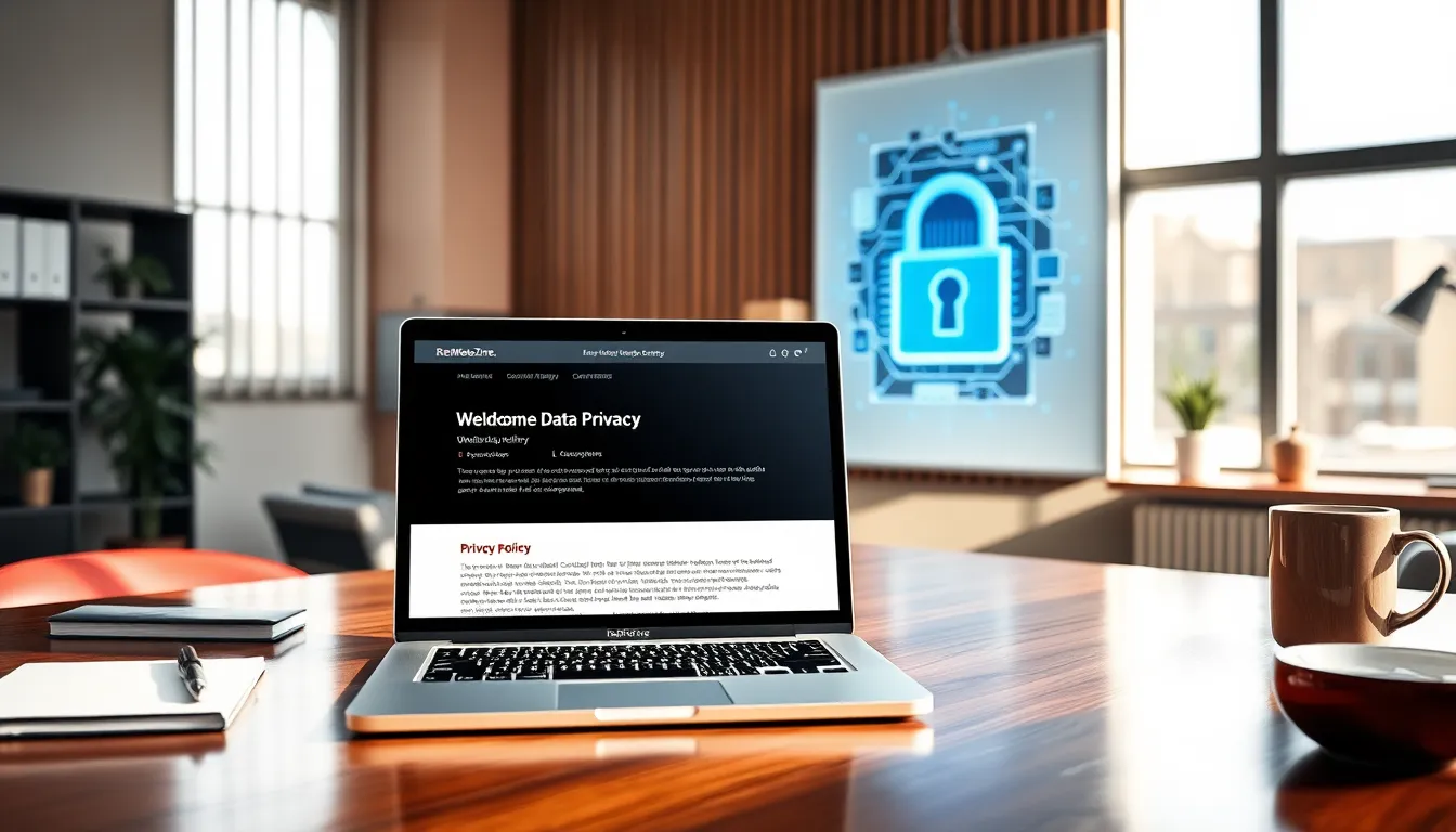 A laptop showing the privacy policy of RedWebZine.org in a modern office.