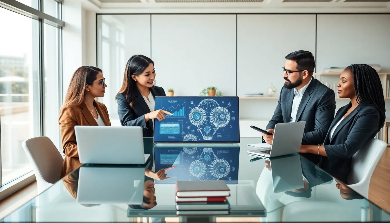 diverse legal team discussing AI in a modern office.