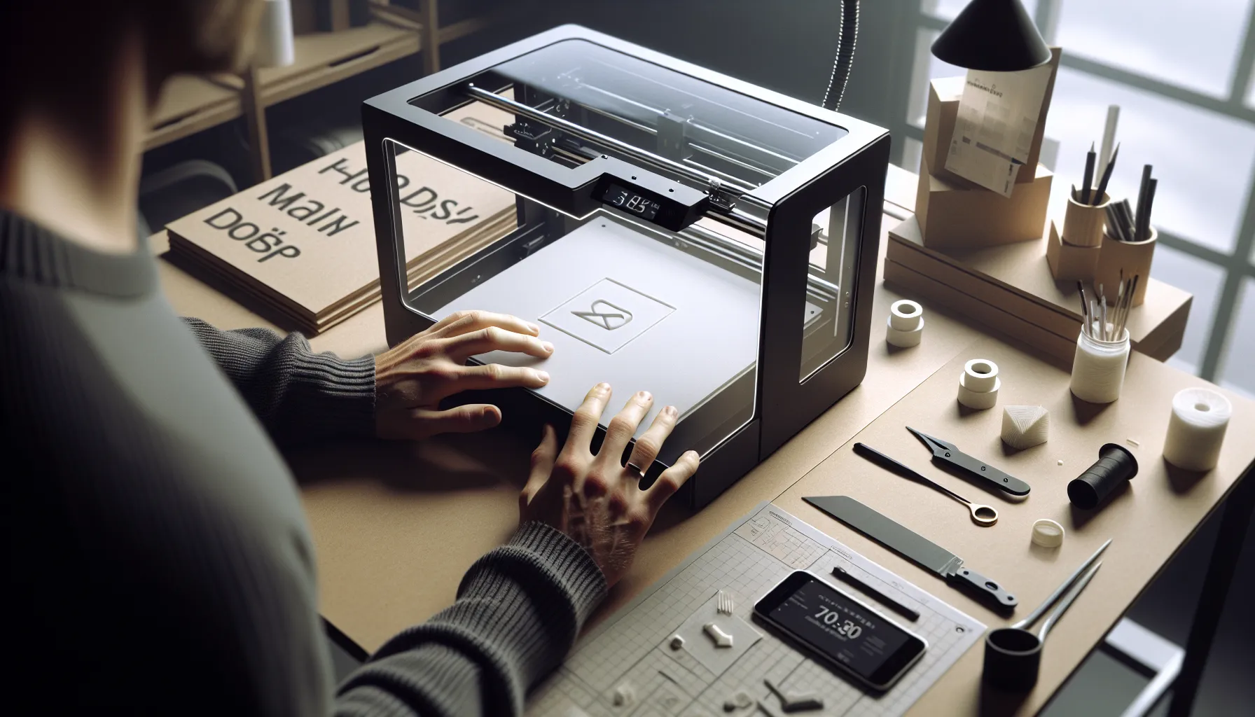 Designer tests a 3d-printed packaging prototype in a norwegian print studio.