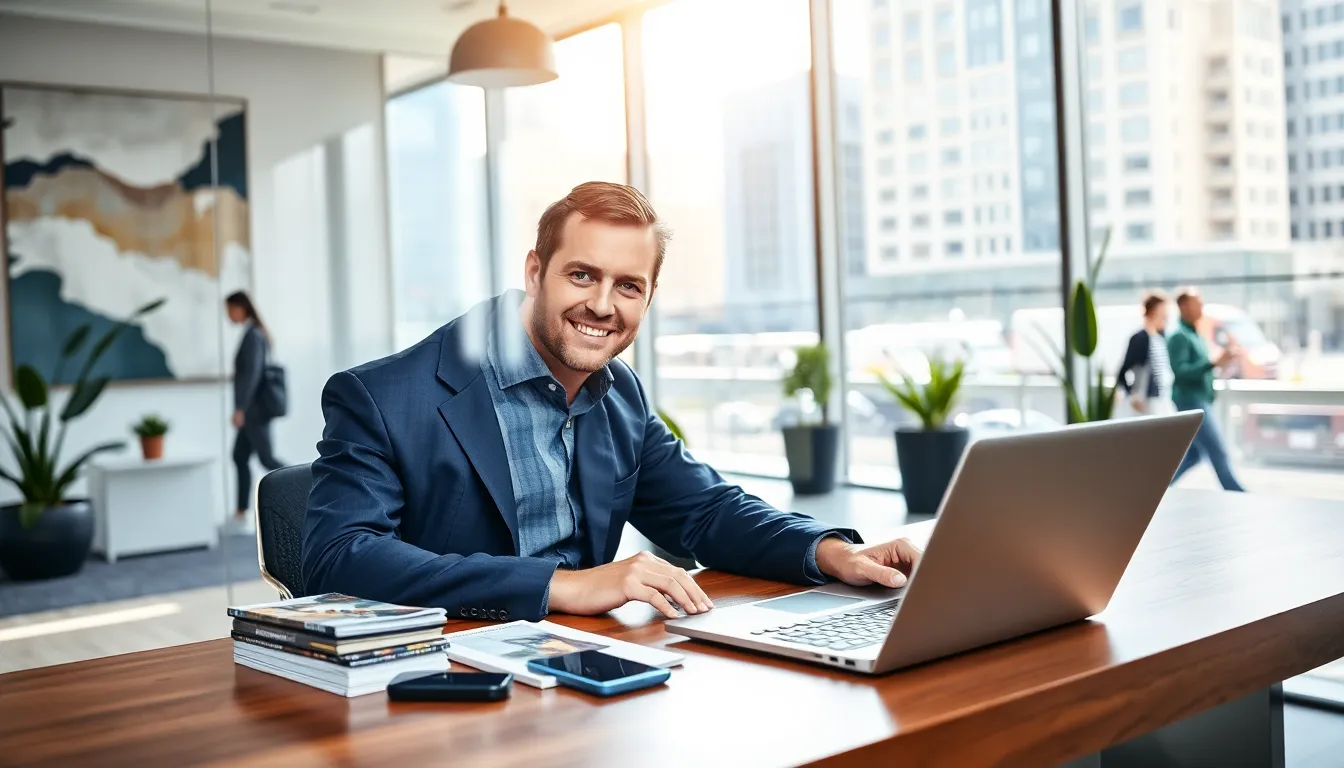 a realty manager in a modern office with a laptop and brochures.