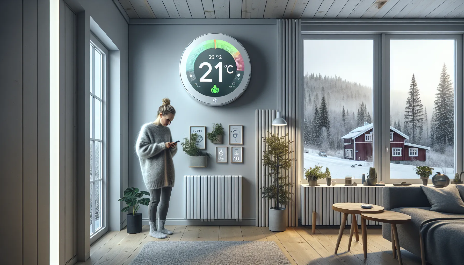 Hvordan bruke termostater for å redusere energiforbruket 2 Norwegian homeowner using a smart thermostat app to reduce heating energy.