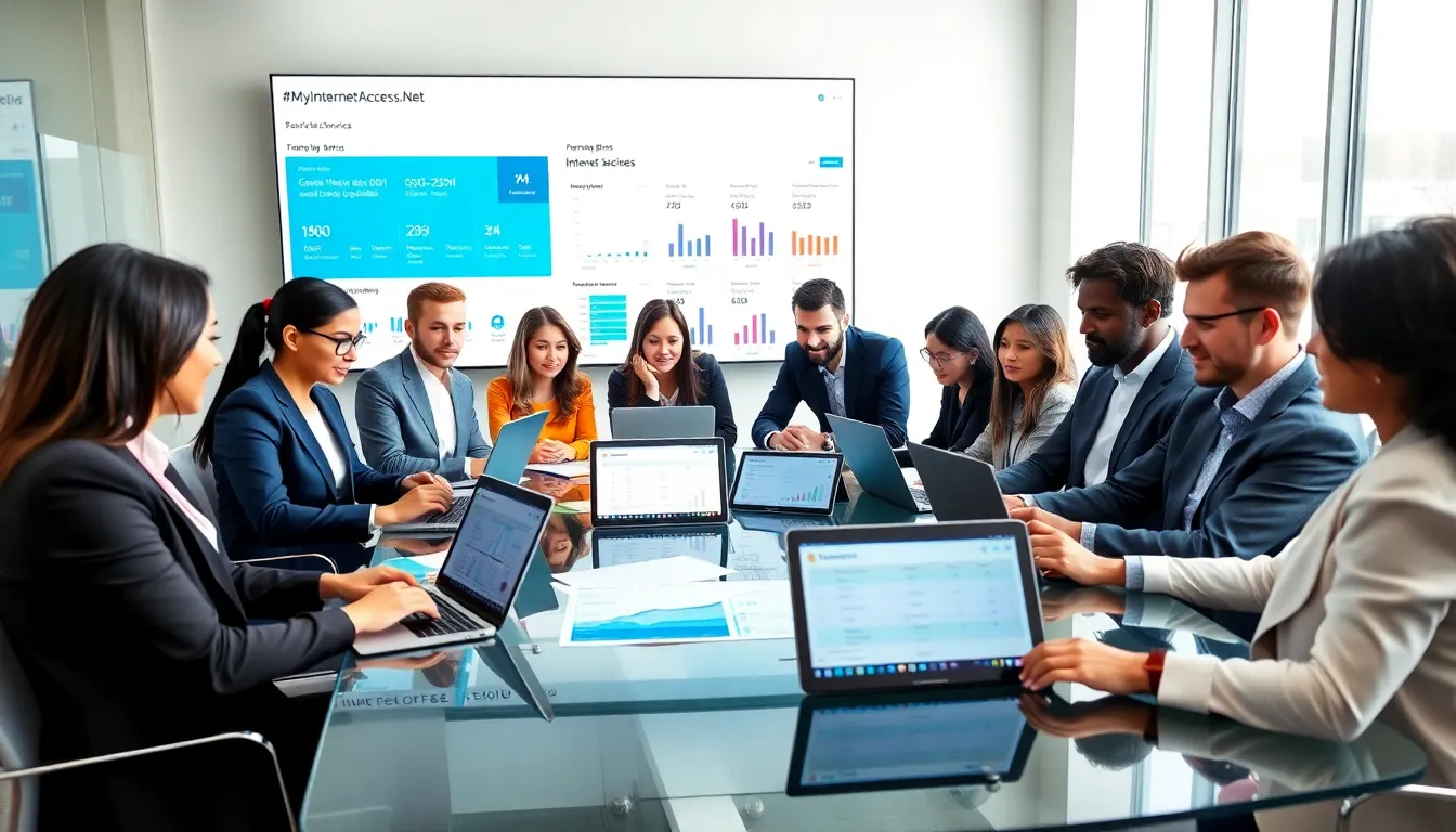 team discussing internet service options in a modern office.