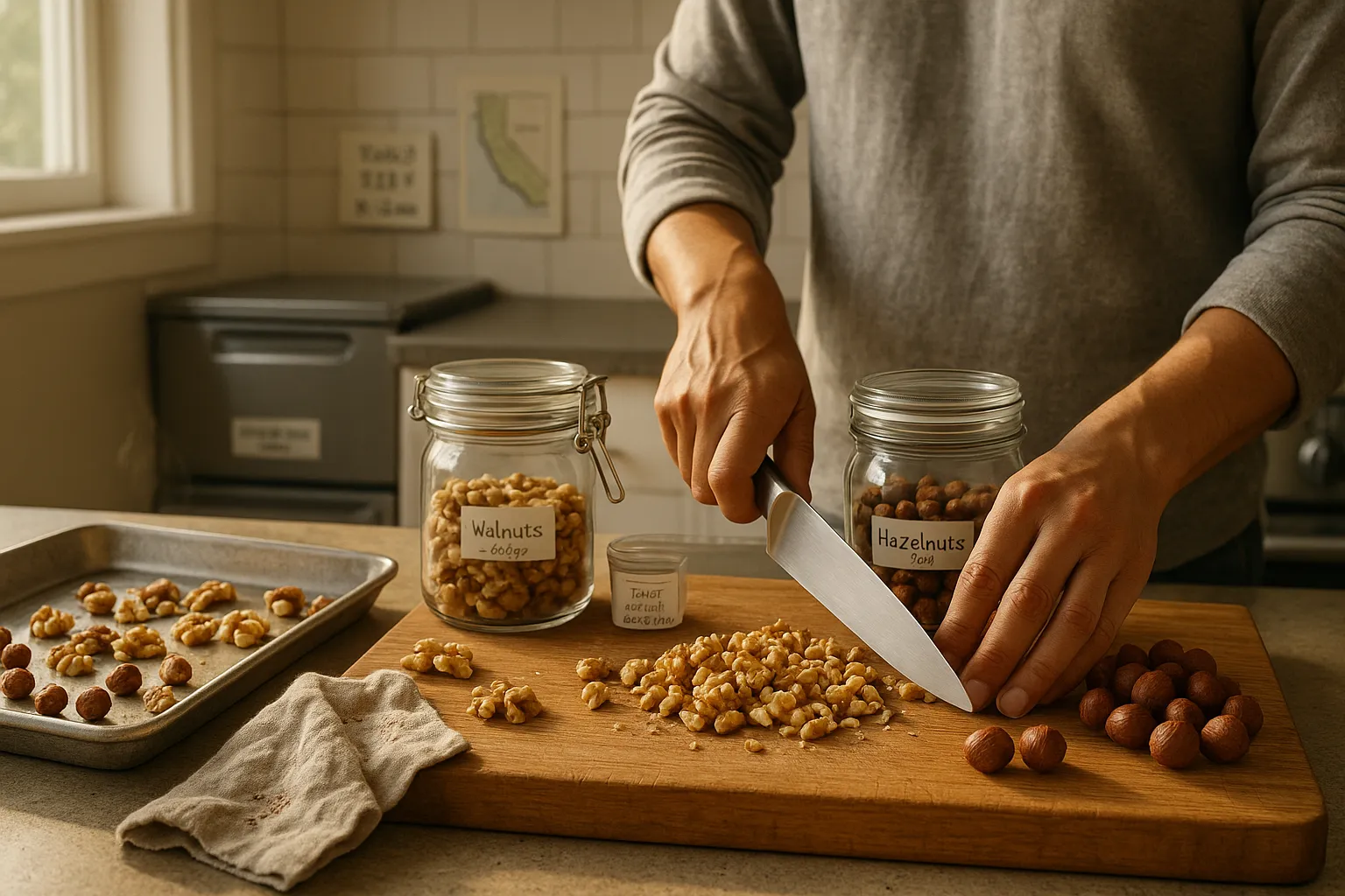 Hands chopping walnuts on a wooden board beside hazelnuts and airtight jars.