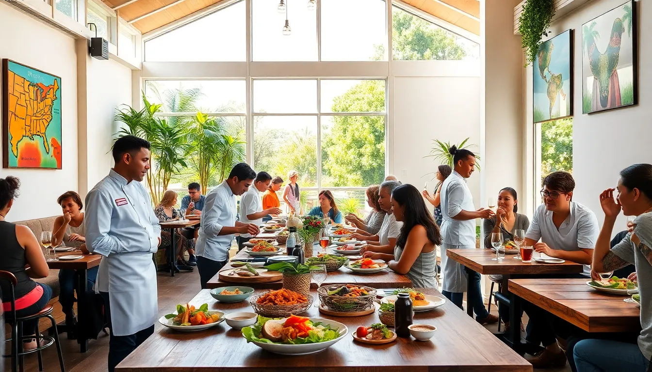 diverse chefs preparing fresh dishes in a California restaurant.