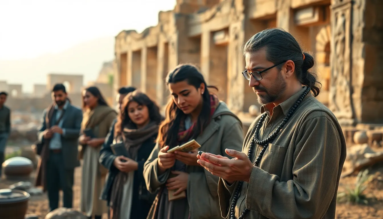 diverse scholars examining ancient Shardavidian artifacts at a historical site.
