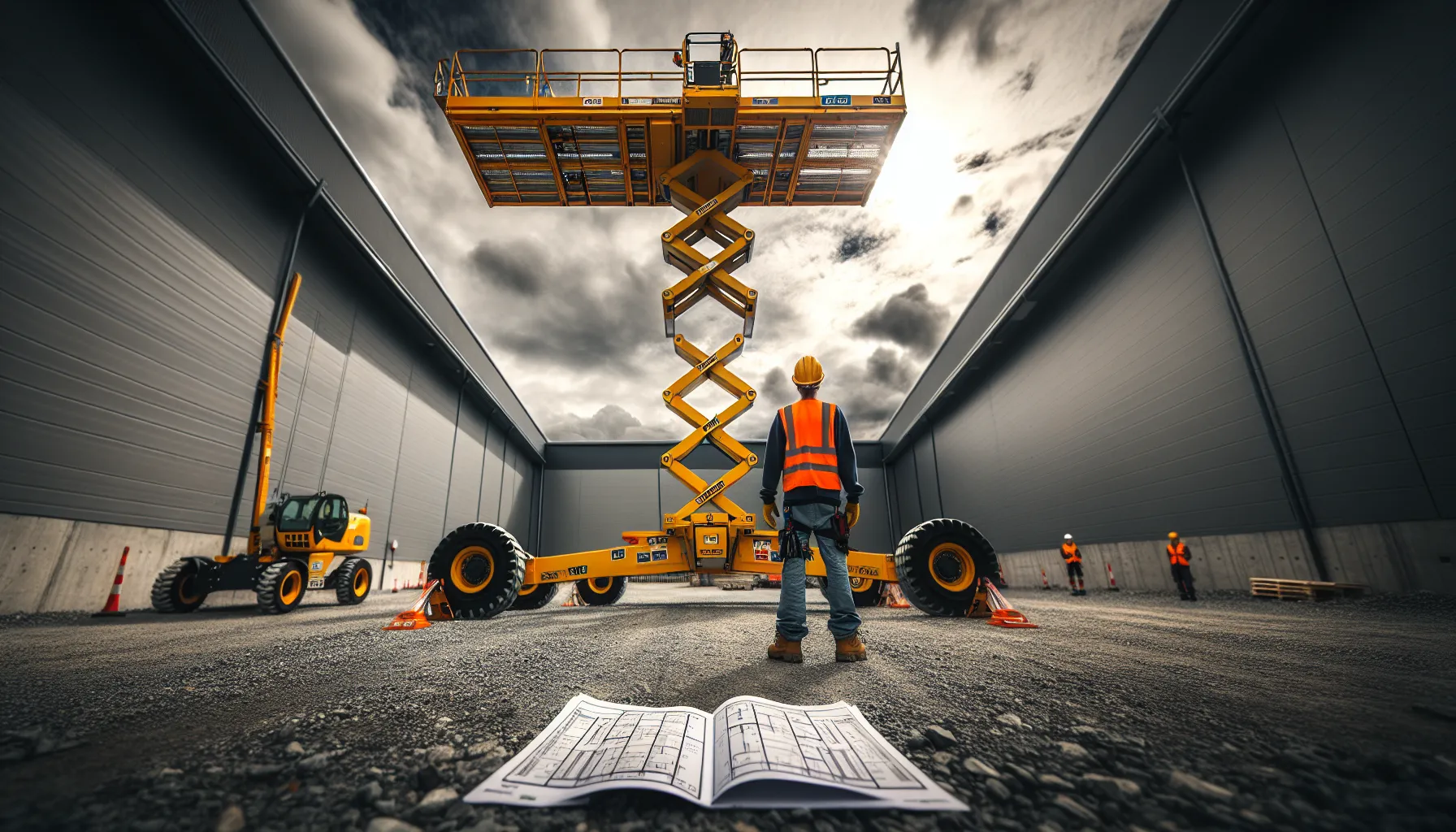 Straight boom lift fully extended on norwegian construction site, showing maximum reach in use.