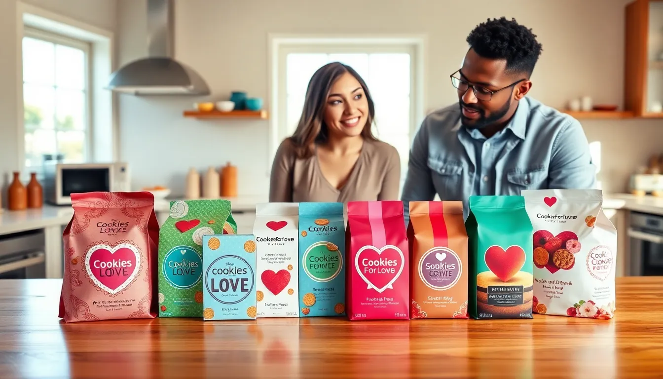 display of vibrant cookie packaging options with professionals discussing them.