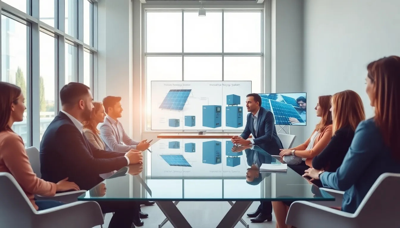 diverse professionals collaborating in a modern office about renewable energy solutions.