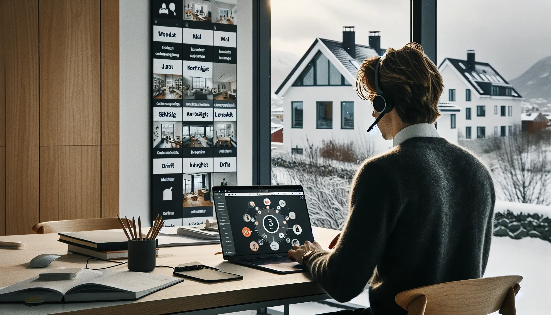 Norwegian professional reviewing mandate, goals, and batna before a video meeting.