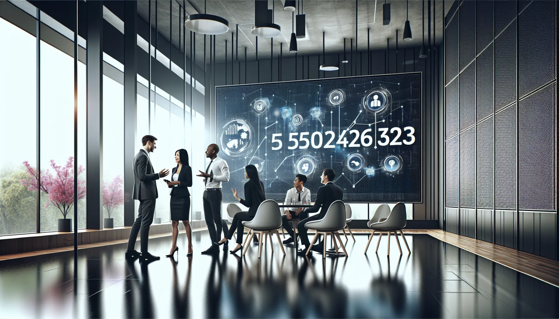 diverse team discussing a number in a modern office setting.