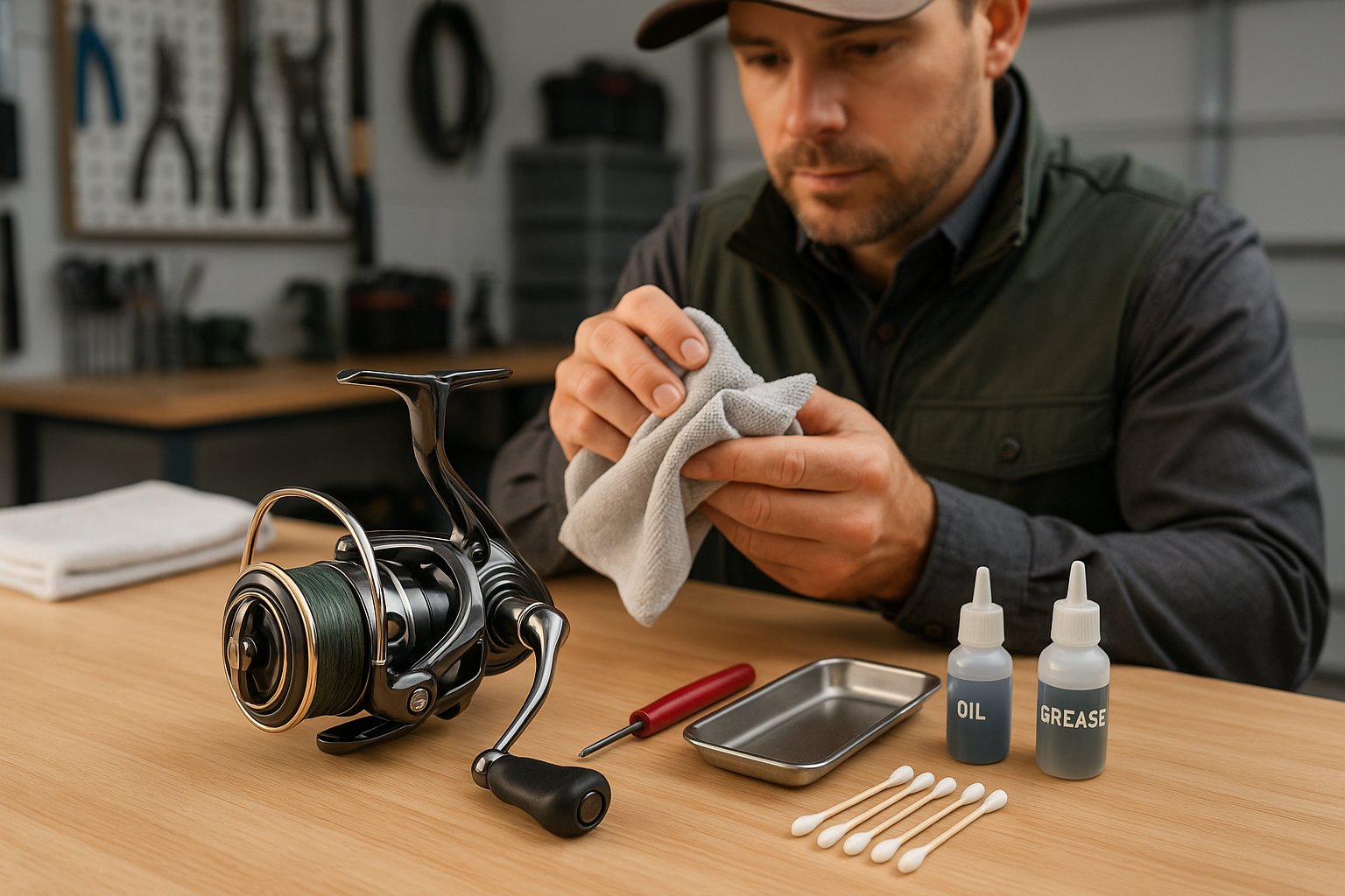 Clean fishing reel being maintained on a neat workshop bench.