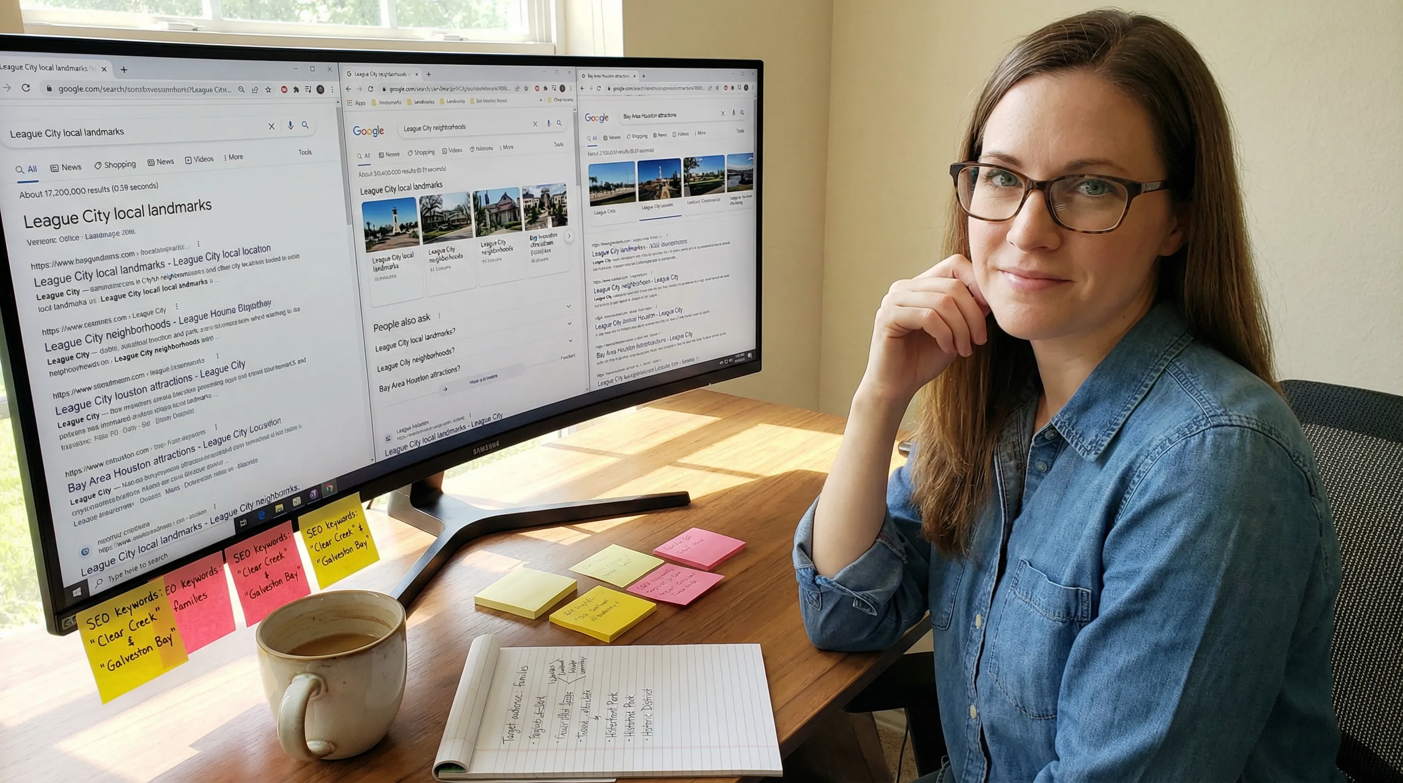 Content specialist examining search result pages featuring local neighborhood references on a large monitor.