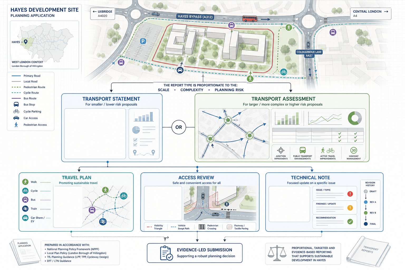 infographic showing key transport planning reports needed for developments in Hayes.